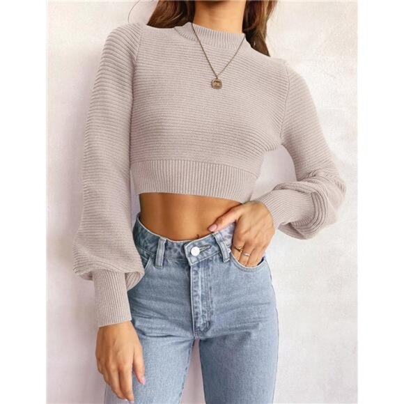 Womens Cropped Sweater Long Sleeve Mock Neck Ribbed Knit Pullover Fall Winter To - Picture 2 of 7